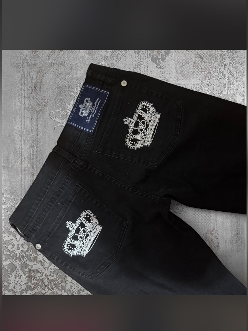Victoria Beckham Black Slim Straight Jeans with Silver Crown Embroidery